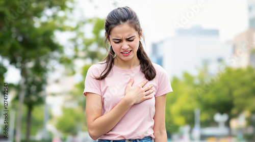 Mulher jovem ao ar livre segurando o peito com expressão de dor ou desconforto, em um ambiente urbano com árvores ao fundo.