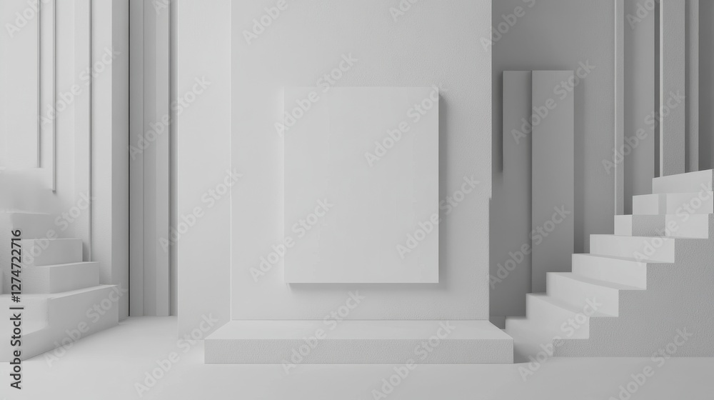 Minimalist white interior with blank canvas and geometric staircases Minimalist white interior with blank canvas and geometric staircases