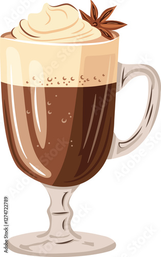 Hot chocolate with whipped cream, anise spices. Vector clipart, illustration with isolated background.