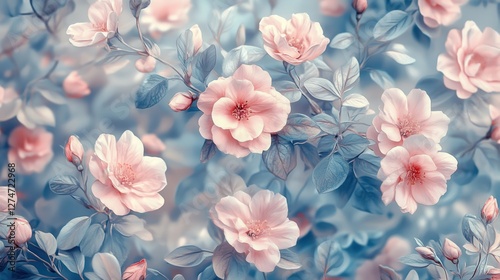 Pastel pink flowers and blue leaves in a dreamy floral arrangement