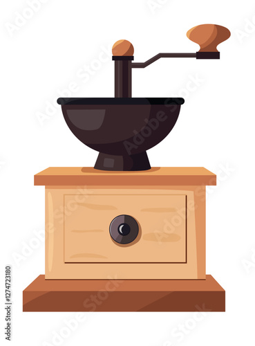 Manual coffee bean grinder with handle. Vector clipart illustration on isolated background.