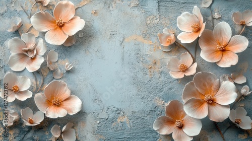 Elegant peach blossoms on textured blue background with subtle light and shadow play