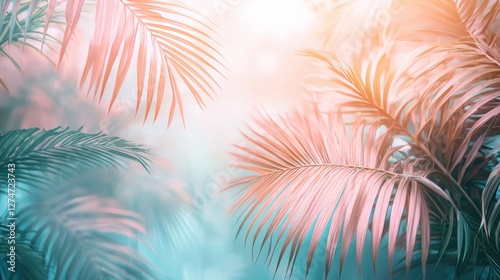 Intricate palm leaves backlit by warm sunlight on soft blue gradient