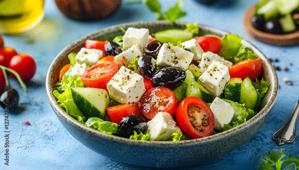 Greek salad with fresh vegetables, feta cheese and black olives over blue background Greek salad with fresh vegetables, feta cheese and black olives over blue background