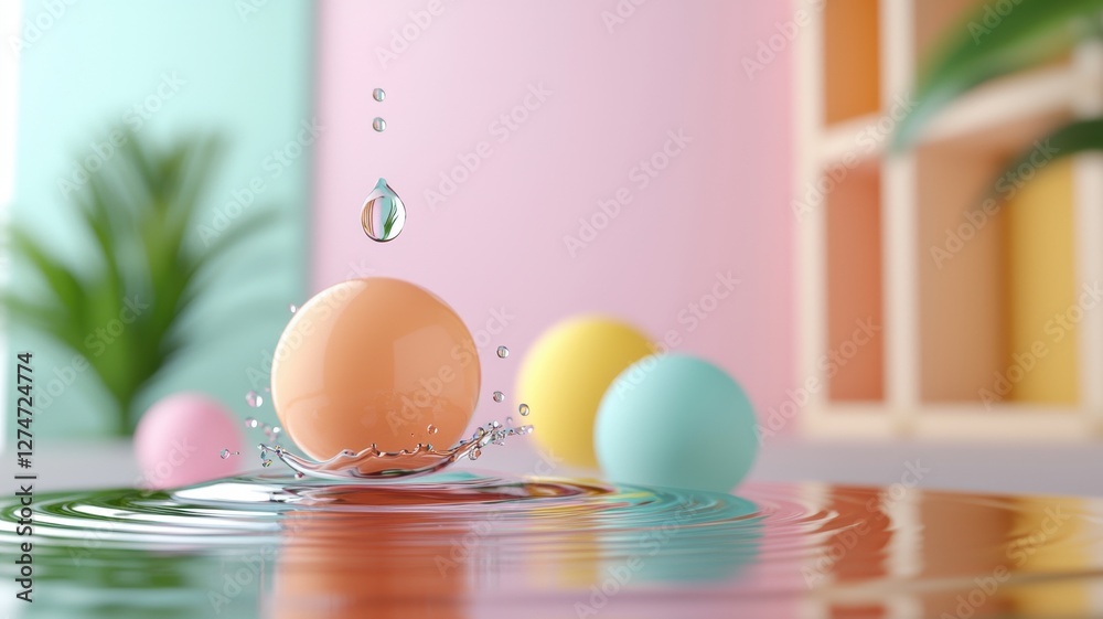 Fototapeta premium Colorful spheres create ripples in water against a pastel background.
