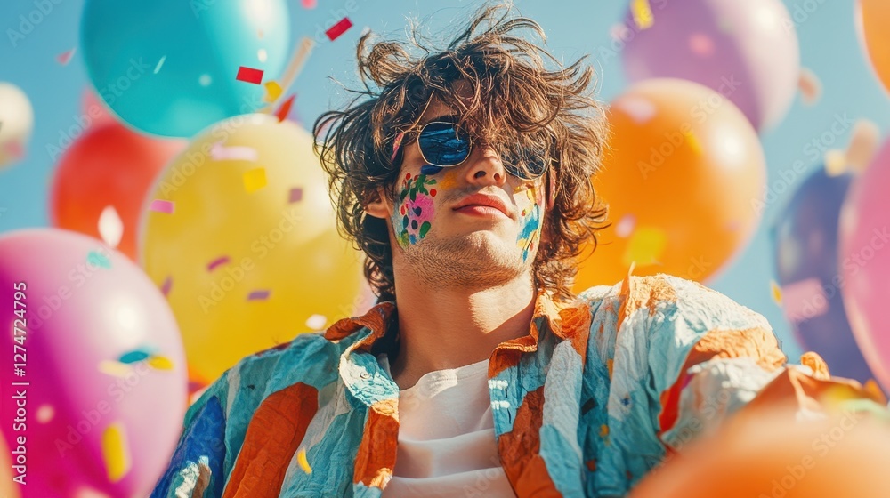 Young man celebrating with colorful balloons and confetti outdoors on a sunny day Young man celebrating with colorful balloons and confetti outdoors on a sunny day
