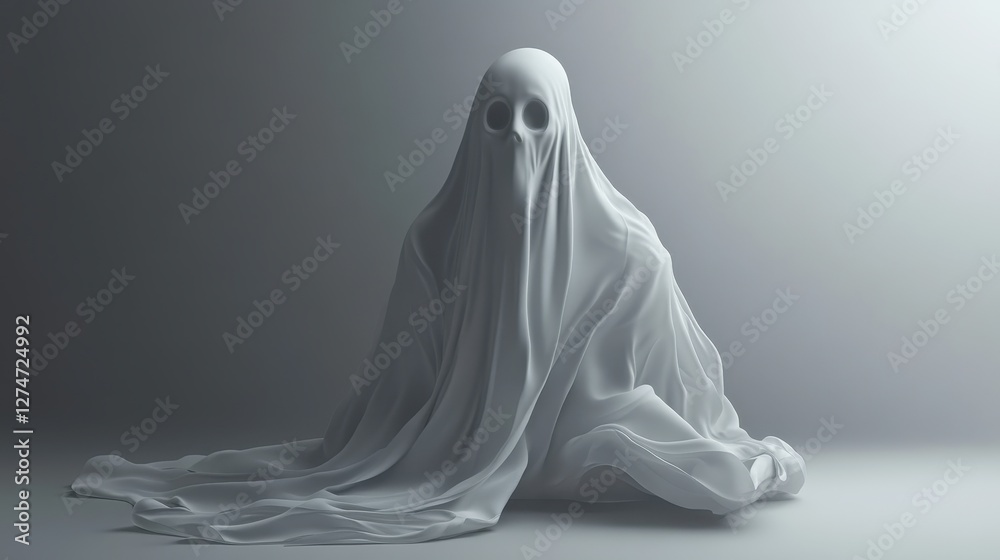 Ghostly figure covered in draped white cloth on gray background Ghostly figure covered in draped white cloth on gray background