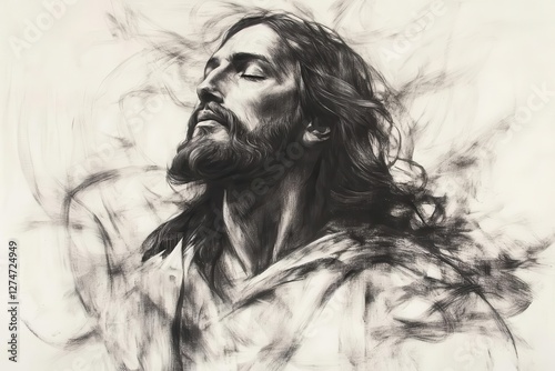 ethereal charcoal sketch of jesus christ with gentle expression and flowing robes, delicate lines creating spiritual atmosphere