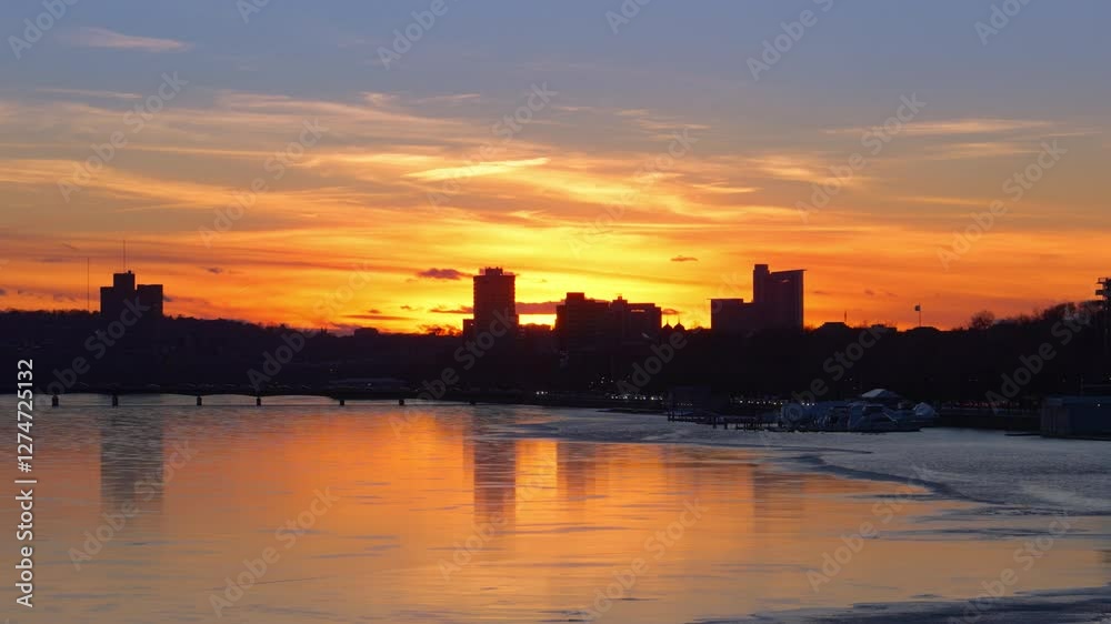 Silhouette view of Boston city skyline with high-rise buildings seen from Longfellow bridge over Charles river during winter sunset Silhouette view of Boston city skyline with high-rise buildings seen from Longfellow bridge over Charles river during winter sunset