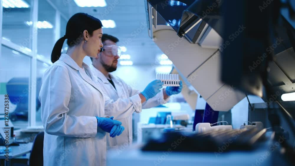 Research scientists work in a laboratory with modern equipment. Analyzes samples and genetic material with special machines in a modern laboratory. Research scientists work in a laboratory with modern equipment. Analyzes samples and genetic material with special machines in a modern laboratory.