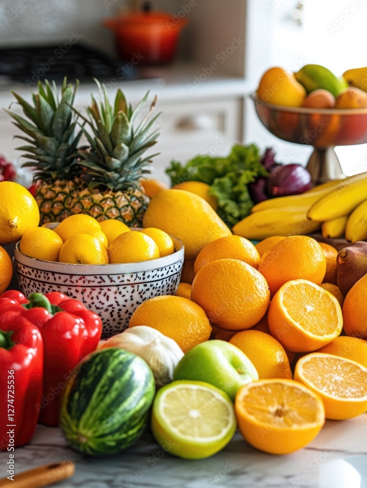 Bunch of vibrant fruits on white countertop in kitchen Bunch of vibrant fruits on white countertop in kitchen