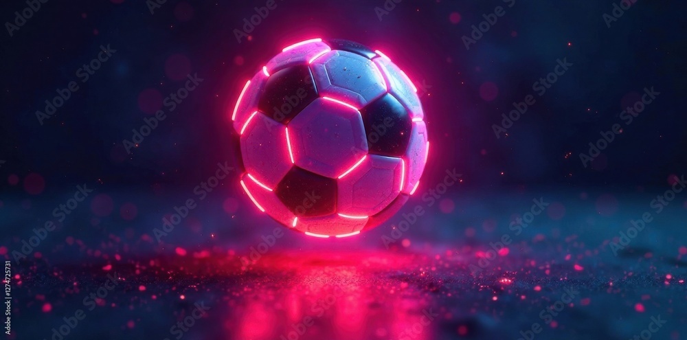 Fototapeta premium Glowing neon soccer ball floating in air, soccer ball, abstract, illustration