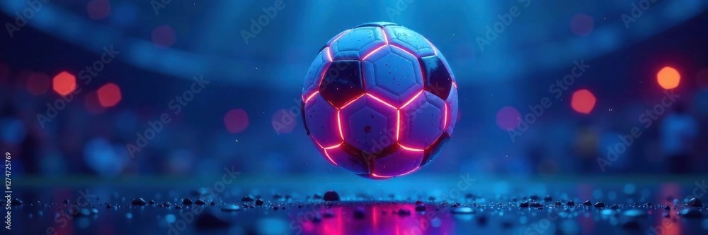 Fototapeta premium Glowing neon soccer ball suspended in mid-air, surrounded by vibrant blue hues, glowing sphere, neon, athletic
