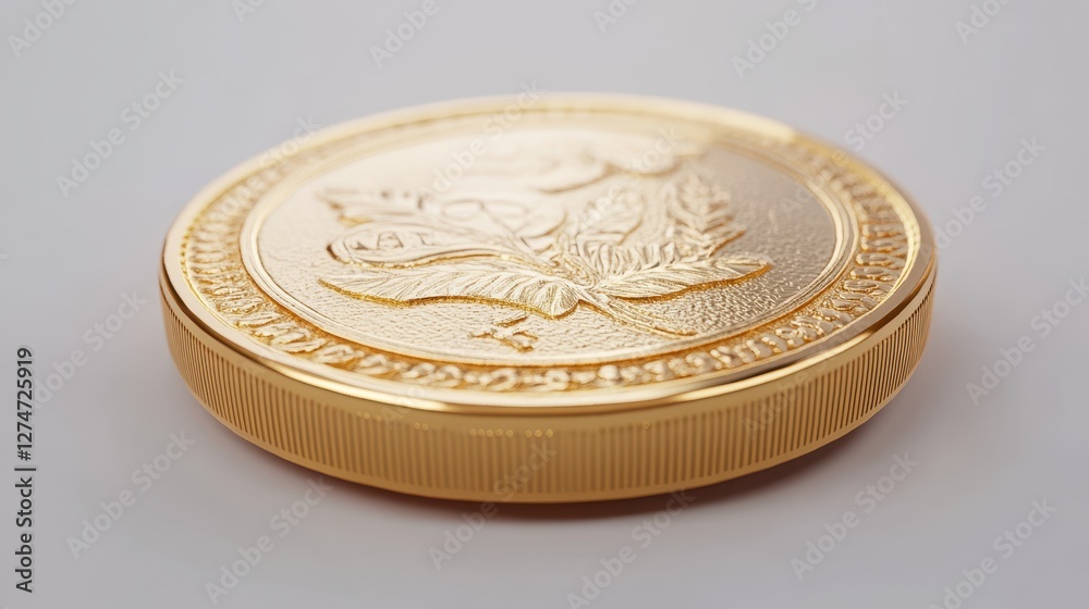 Gold coin with detailed floral embossing on smooth surface against white background Gold coin with detailed floral embossing on smooth surface against white background