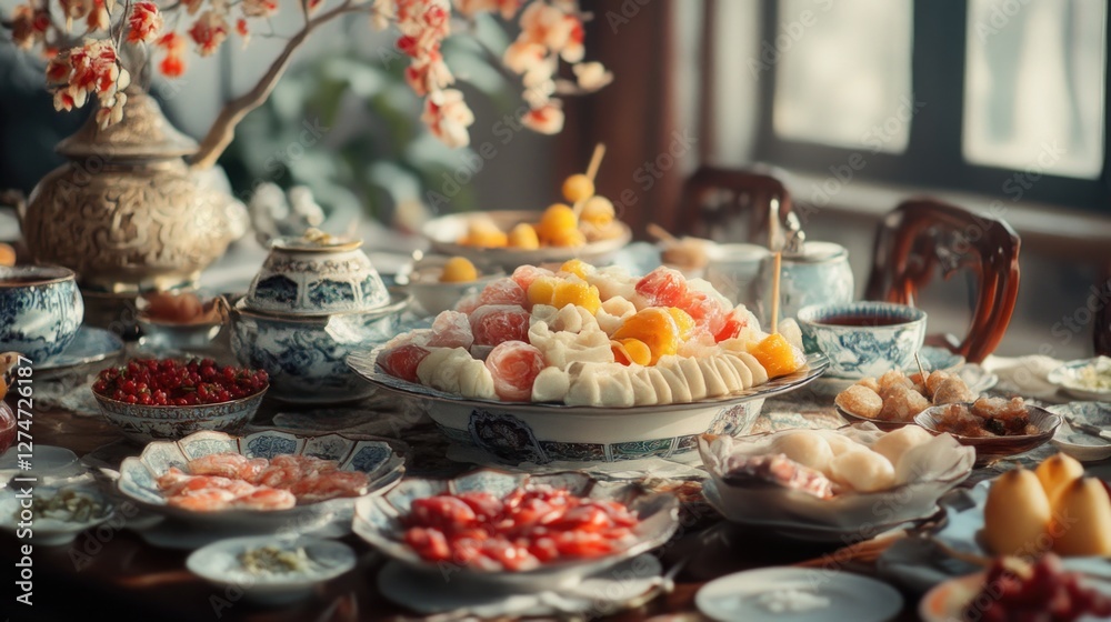 A table with a variety of traditional Asian desserts, including fruits, preserves, dumplings, and tea pastries. Ceramic dishes hold the food in an elegant display for a festive or formal gathering.