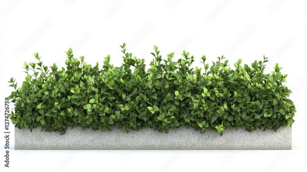Lush green hedge against white background in rectangular planter for modern landscaping Lush green hedge against white background in rectangular planter for modern landscaping