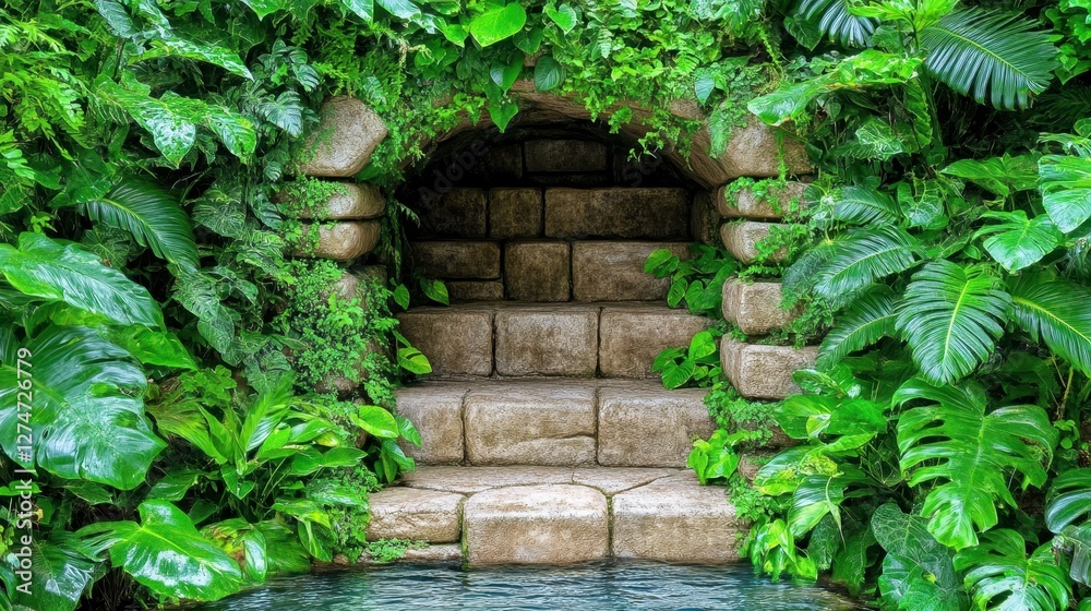 Naklejka premium Exploring ancient steps surrounded by lush greenery enigmatic nature scene outdoor serenity eye-level perspective