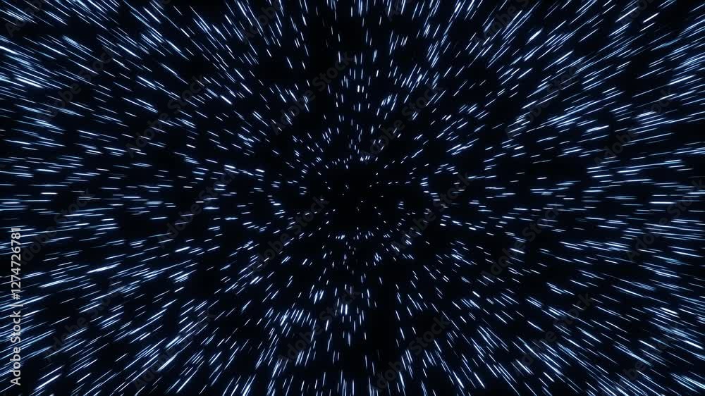 Transition from starlight to warp speed, blue light streaks racing toward viewer, abstract sci-fi hyper jump effect, rapid speed, space travel, technological background.