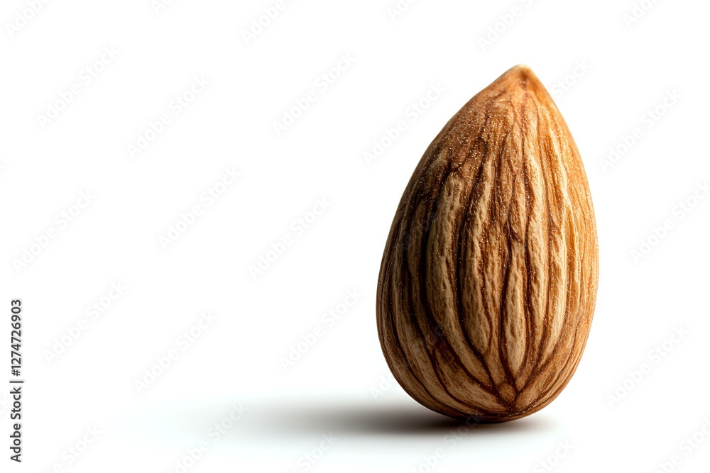 Single fresh almond nut with detailed texture and natural brown color isolated on white background, ready for design use in food packaging and advertising. Single fresh almond nut with detailed texture and natural brown color isolated on white background, ready for design use in food packaging and advertising.