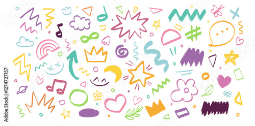 Hand drawn crayon various elements. Chalk pencil set with music notes, arrow, speech bubble, underline, hash tag, star, moon. Vector sketchy doodle charcoal abstract icons isolated on white background