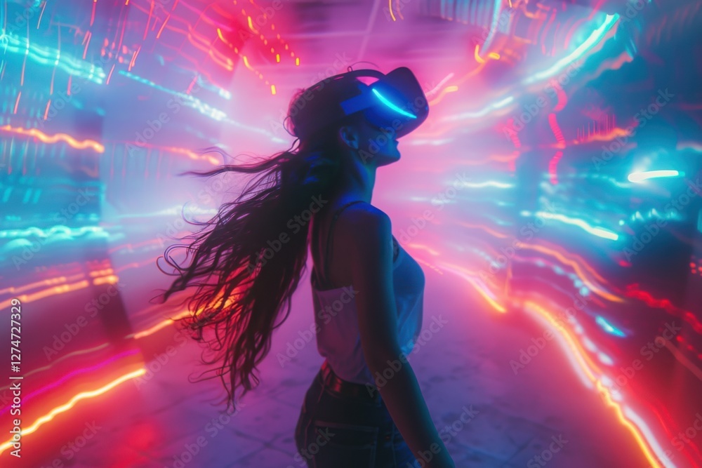 High-flying VR action: man performing a kick, neon lights adding a vibrant touch. High-flying VR action: man performing a kick, neon lights adding a vibrant touch.