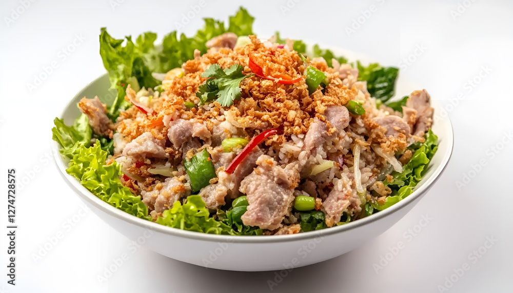 Yam Naem Khao Tod,Spicy Pork Salad with Crispy Rice on white background Yam Naem Khao Tod,Spicy Pork Salad with Crispy Rice on white background