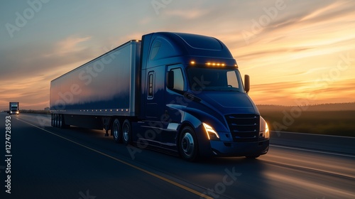 Truck driving on highway during sunset near distant mountains photo