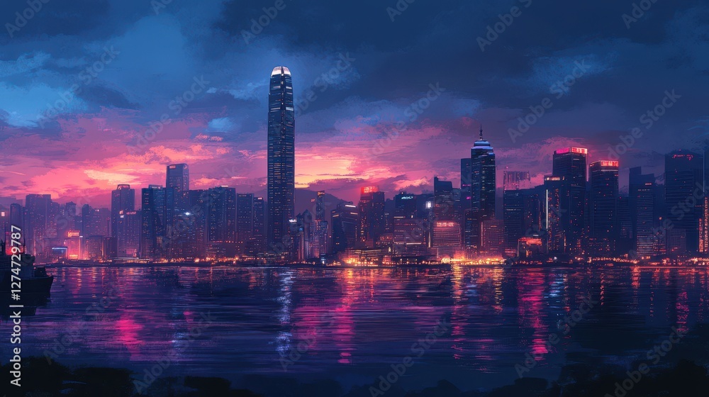 Vibrant night skyline reflecting in water with illuminated skyscrapers under a colorful sunset Vibrant night skyline reflecting in water with illuminated skyscrapers under a colorful sunset