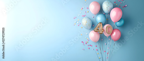 party pink & blue balloons and confetti on blue background with gold 