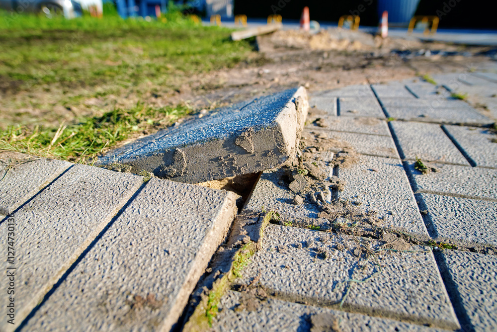 Displaced pavement slabs, cracks, and visible ground erosion.Urban footpath in disrepair with cracked pavement, displaced bricks, and loose debris emphasizing poor maintenance. Selective focus