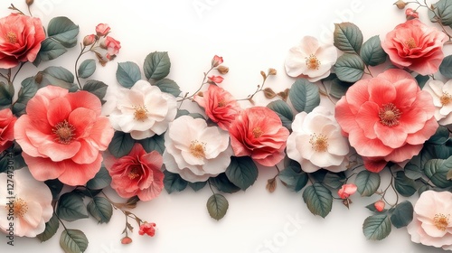 Elegant floral arrangement with pink and white roses on white background in artistic display