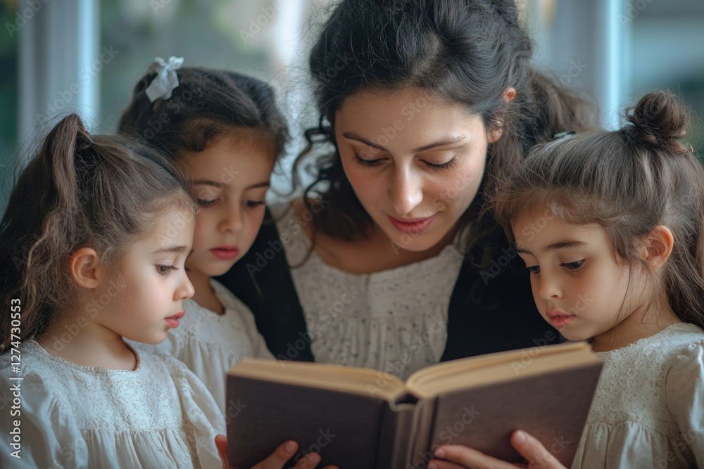 Obraz premium Mother and children engaging in a bedtime storytelling session.