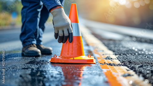 worker's gloved hand placing traffic cone on road