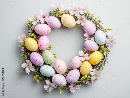 A woven wreath decorated with pastel-colored Easter eggs, flowers and leaves, creating a festive and seasonal display. photo