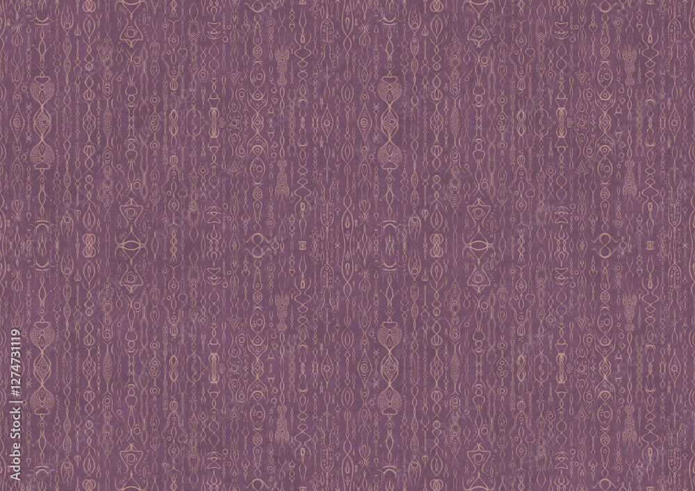Fototapeta premium Hand-drawn abstract seamless ornament. Pale pink on a purple background. Paper texture. Digital artwork, A4. (pattern: p14b)