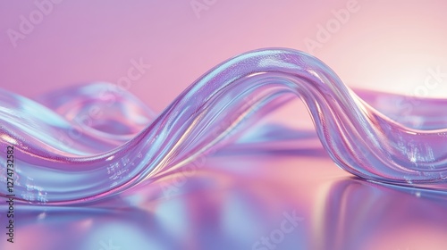 Transparent wavy glass structures on reflective surface with pink and blue gradient background