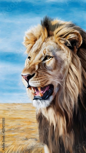 Majestic lion resting under a bright sky in a golden grassland landscape