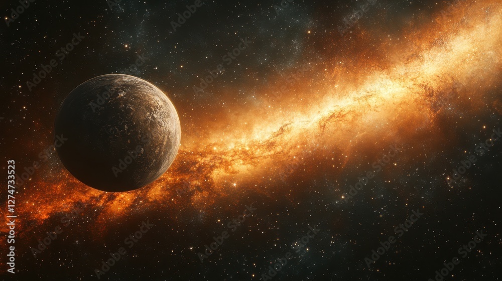 Distant planet with starry background and bright cosmic nebula in outer space Distant planet with starry background and bright cosmic nebula in outer space