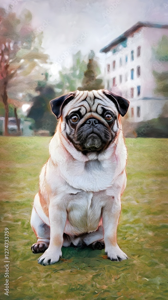 Cute pug sits in a sunny park with greenery and buildings in the background, perfect for mobile wallpaper Cute pug sits in a sunny park with greenery and buildings in the background, perfect for mobile wallpaper