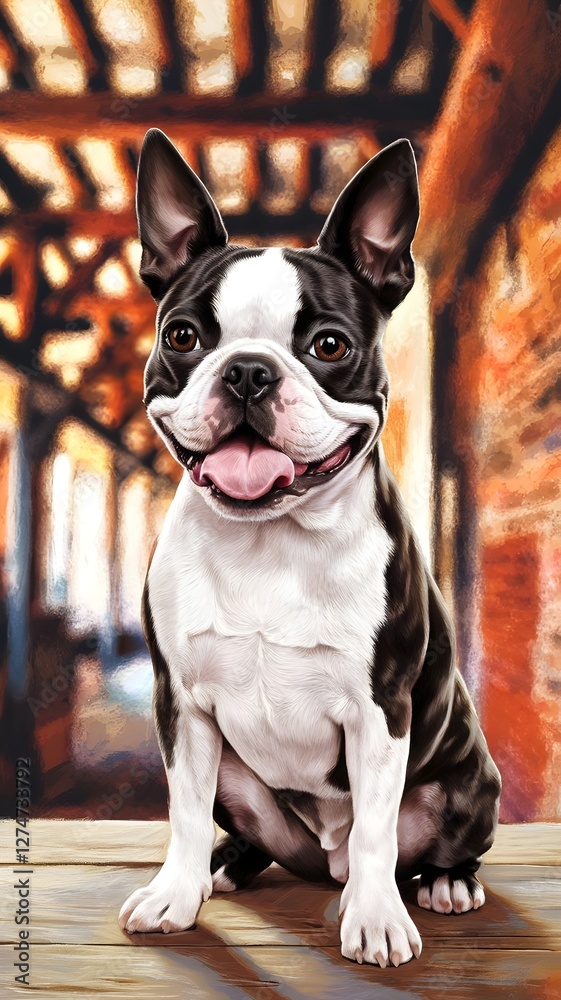Cute Boston Terrier smiling in an artistic setting with warm colors and a blurred background Cute Boston Terrier smiling in an artistic setting with warm colors and a blurred background