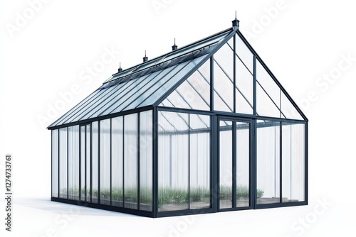 A modern greenhouse designed for optimal plant growth in a vibrant outdoor garden setting isolated on transparent background