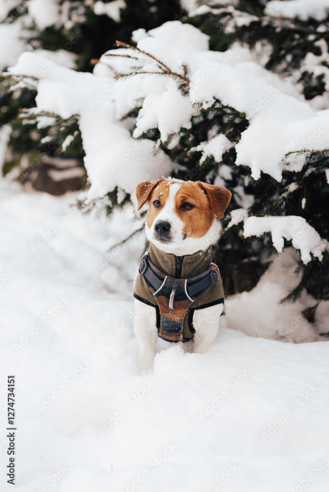 Adorable Jack Russell Terrier dog wearing a warm dog vest plays on snow in the park on a frosty winter weather Adorable Jack Russell Terrier dog wearing a warm dog vest plays on snow in the park on a frosty winter weather