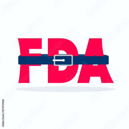 Red FDA letters clinched by blue belt on white background. Food and drug administration budget cuts, firing.