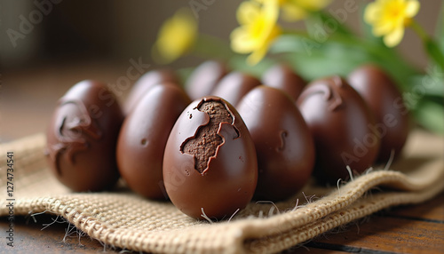 Chocolate Easter eggs with a cracked design on a rustic table photo