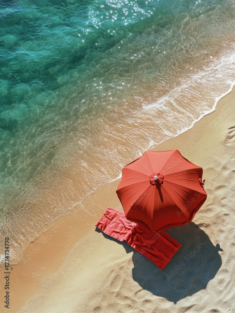 Naklejka premium A serene beach scene with a red umbrella providing shade, and two chairs inviting relaxation by the ocean.