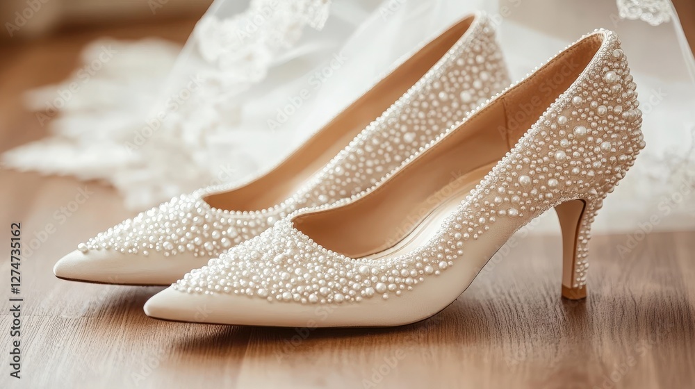 Obraz premium A pair of elegant bridal shoes with pearl embellishments, set on a polished wooden floor with a lace veil in the background.