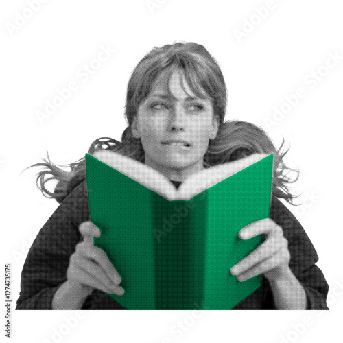 Png woman reading sticker, education color pop design, transparent background