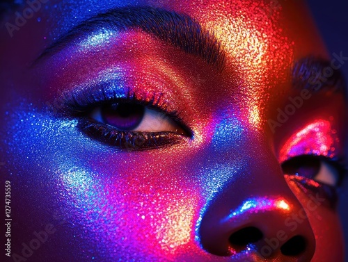 Bold makeup look for editorial with glowing AR makeup techniques, sleek modern studio, vibrant lighting, photorealistic