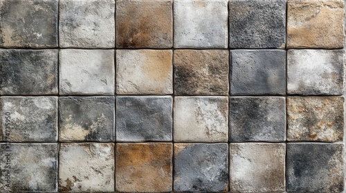 Rustic stone tile wall with varied textures and earthy tones aligned in a grid pattern
