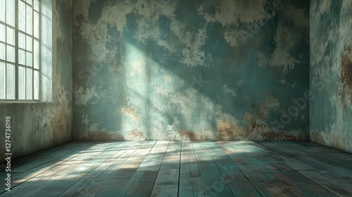 Sunlit abandoned room with weathered walls and wooden floor